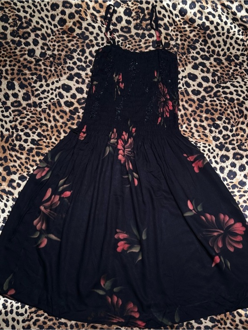 Vintage Y2K Island Planet Smocked Floral Sequin Midi Dress